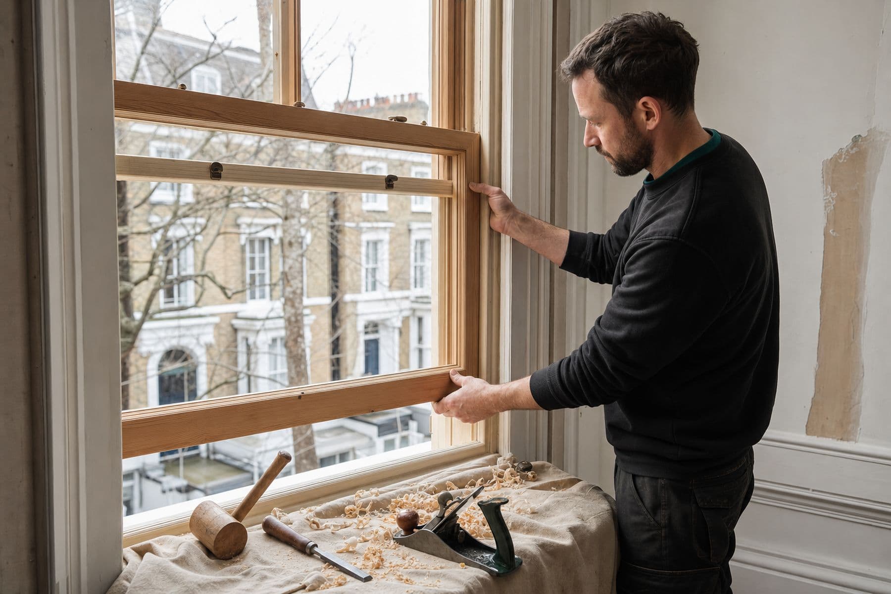 GEM joiner adjusting a timber sash window with hand tools